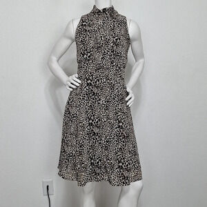 Voir Voir Tan Black Animal Print Mock Neck Academia Back Tie Mobwife Dress Sz. 8